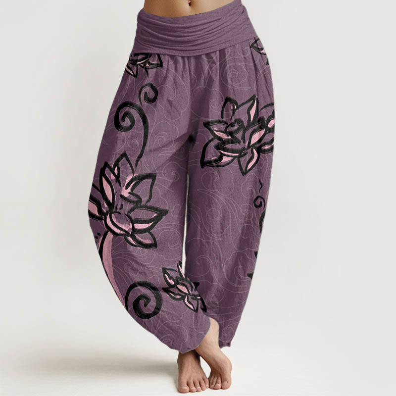 Pantalon sarouel décontracté en pur coton avec Buddha Stones et nuages ​​de bon augure pour femme, taille élastique - Magenta foncé - US22，UK/AU26，EU54 (6XL) - image 9