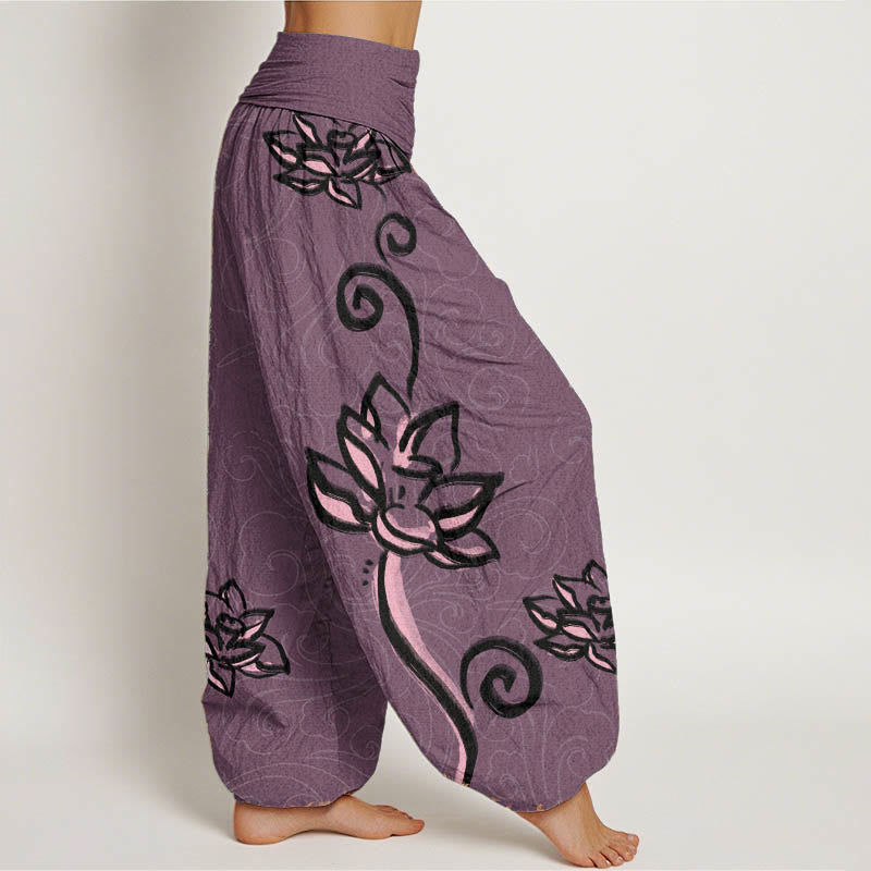 Pantalon sarouel décontracté en pur coton avec Buddha Stones et nuages ​​de bon augure pour femme, taille élastique - image 11