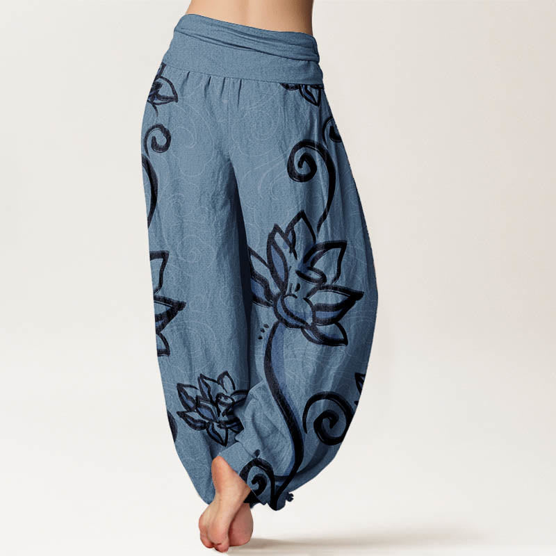Pantalon sarouel décontracté en pur coton avec Buddha Stones et nuages ​​de bon augure pour femme, taille élastique - image 7