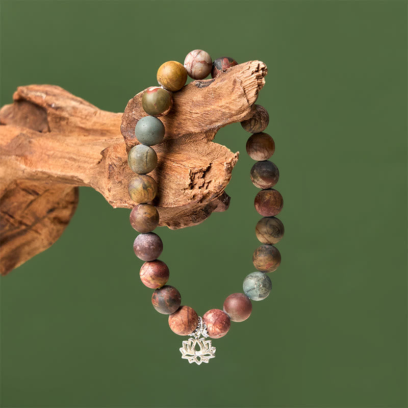 Bracelet Buddha Stones en argent sterling 925 et jaspe Picasso à motif lotus - image 3
