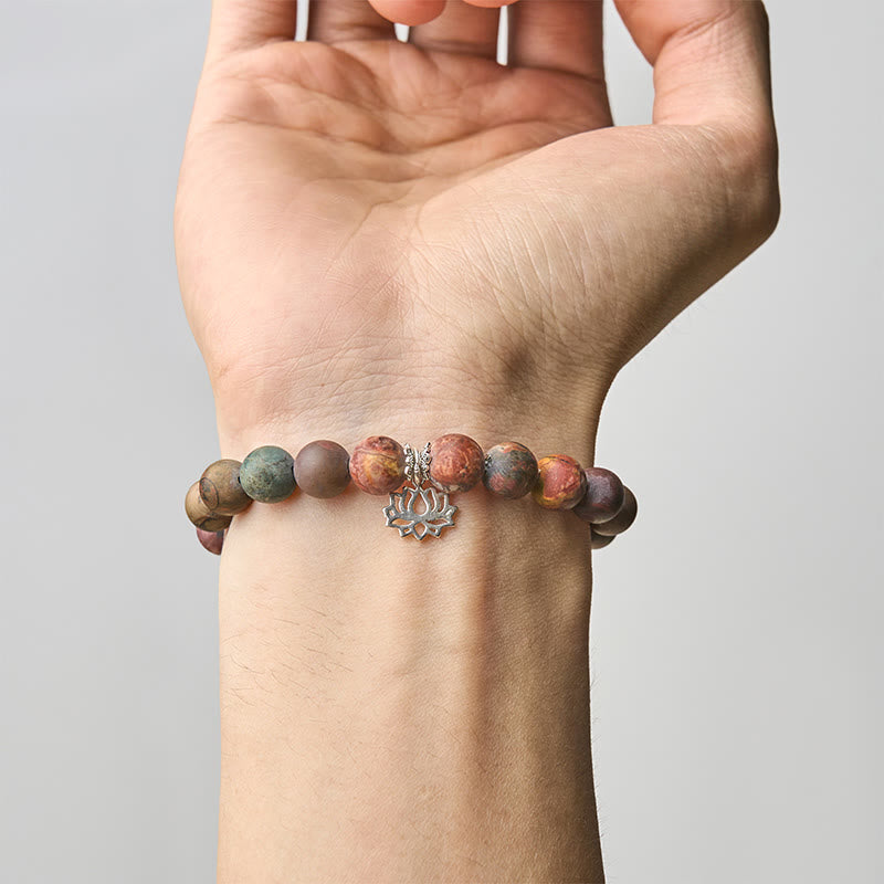 Bracelet Buddha Stones en argent sterling 925 et jaspe Picasso à motif lotus - image 4