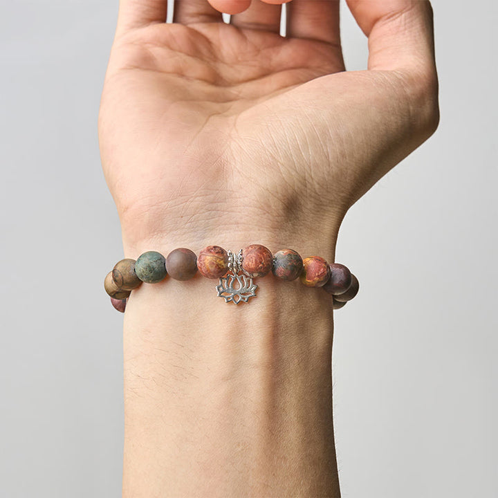 Bracelet Buddha Stones en argent sterling 925 et jaspe Picasso à motif lotus - image 4