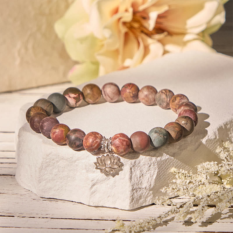 Bracelet Buddha Stones en argent sterling 925 et jaspe Picasso à motif lotus - 20 cm - image 0