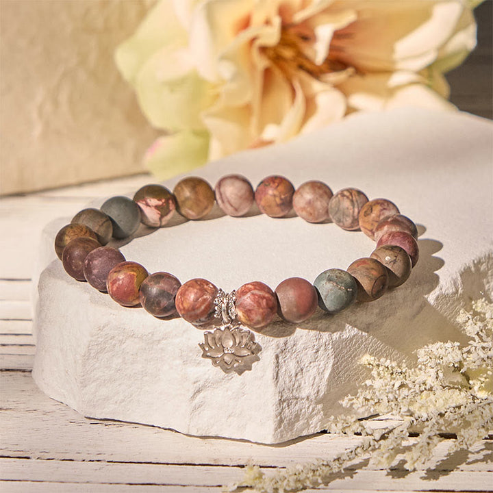 Bracelet Buddha Stones en argent sterling 925 et jaspe Picasso à motif lotus - 20 cm - image 0