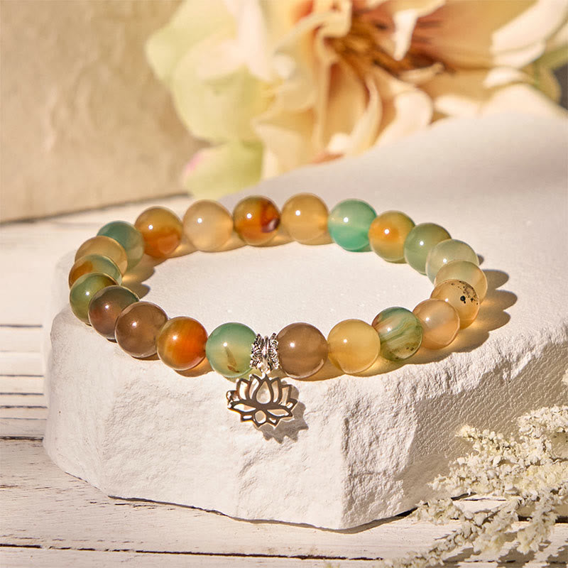 Bracelet en argent sterling 925 avec Buddha Stones, symbole du lotus, perles d'agate paon et courage - Agate Paon (tour de poignet 15-16 cm) - image 0