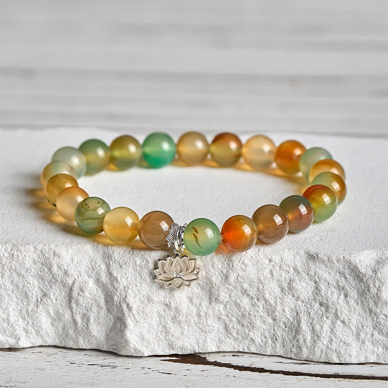 Bracelet en argent sterling 925 avec Buddha Stones, symbole du lotus, perles d'agate paon et courage - image 1