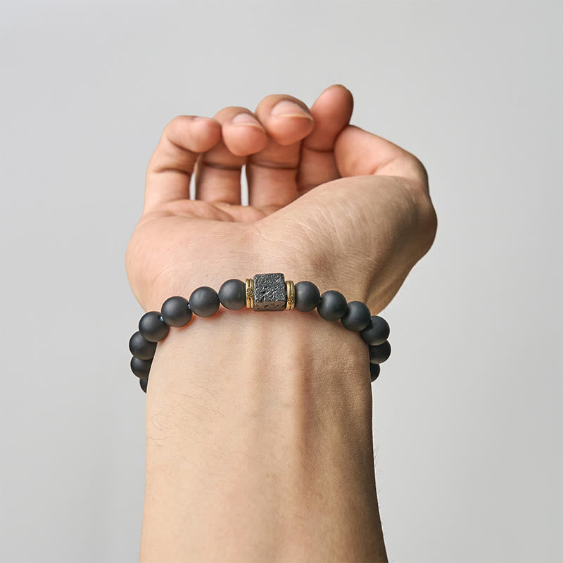Bracelet porte-bonheur en pierre de lave carrée en onyx noir givré naturel de Buddha Stones - image 4