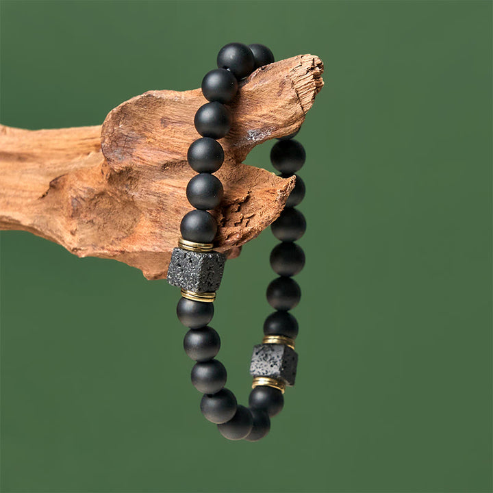 Bracelet porte-bonheur en pierre de lave carrée en onyx noir givré naturel de Buddha Stones - image 3