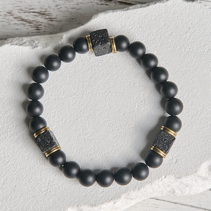 Bracelet porte-bonheur en pierre de lave carrée en onyx noir givré naturel de Buddha Stones - image 2