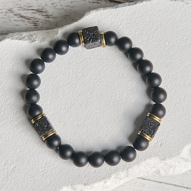 Bracelet porte-bonheur en pierre de lave carrée en onyx noir givré naturel de Buddha Stones - image 5