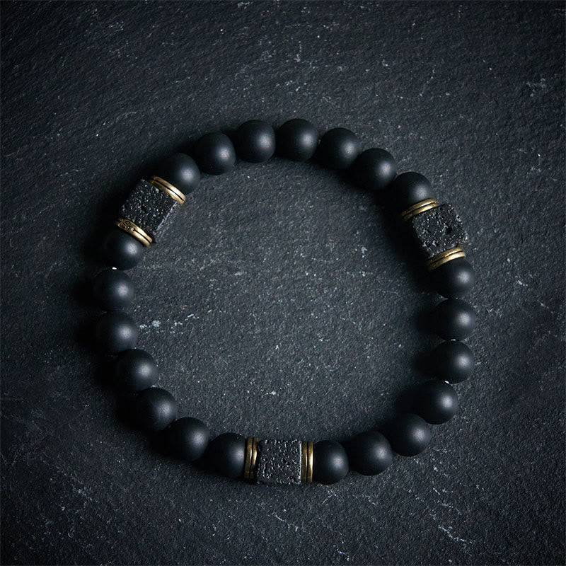Bracelet porte-bonheur en pierre de lave carrée en onyx noir givré naturel de Buddha Stones - 17 cm - image 0