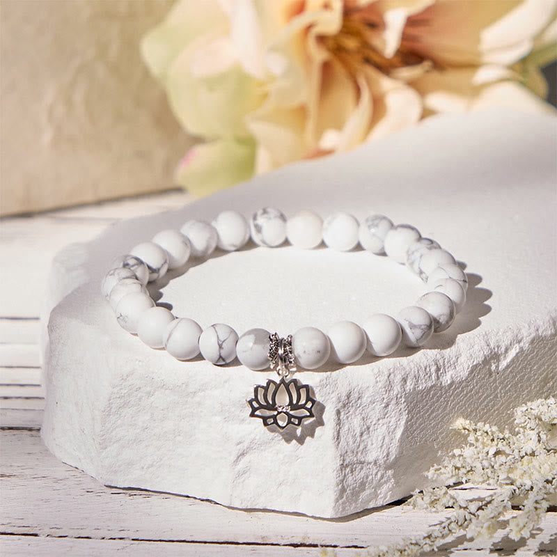 Bracelet de richesse en argent sterling 925 avec Buddha Stones et motif lotus, turquoise blanche naturelle - image 1