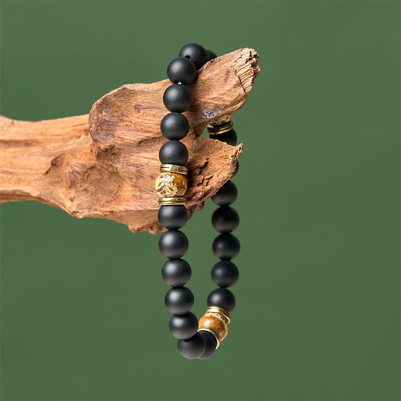 Bracelet porte - bonheur en onyx noir givré naturel et jaspe - image 4
