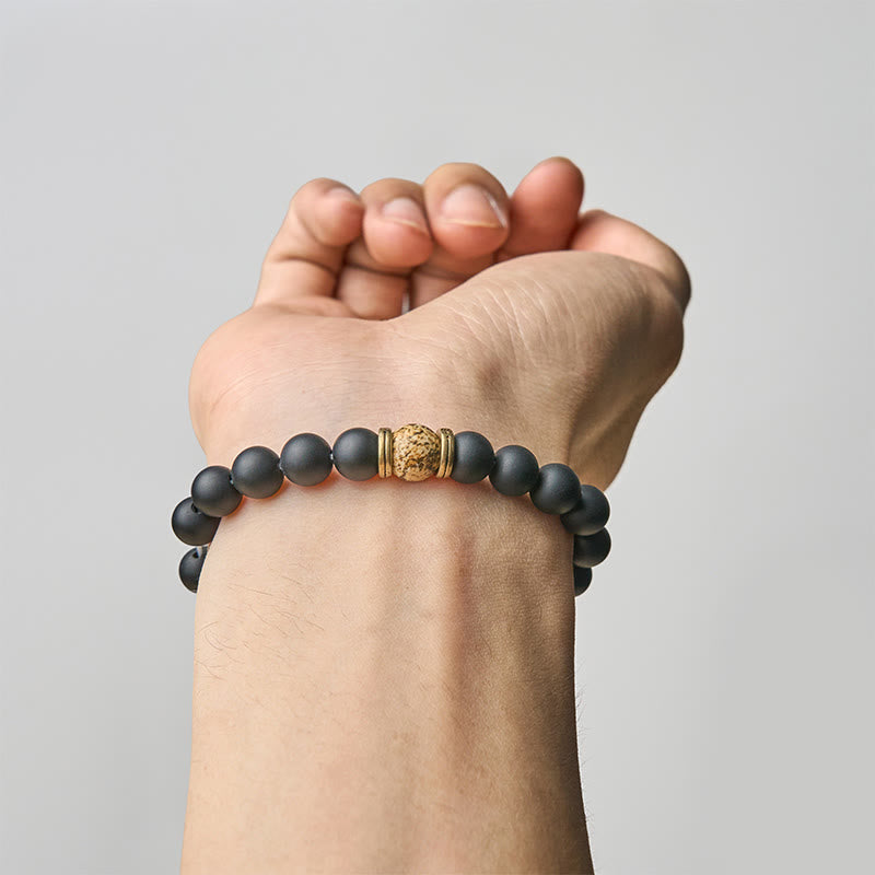 Bracelet porte - bonheur en onyx noir givré naturel et jaspe - image 3