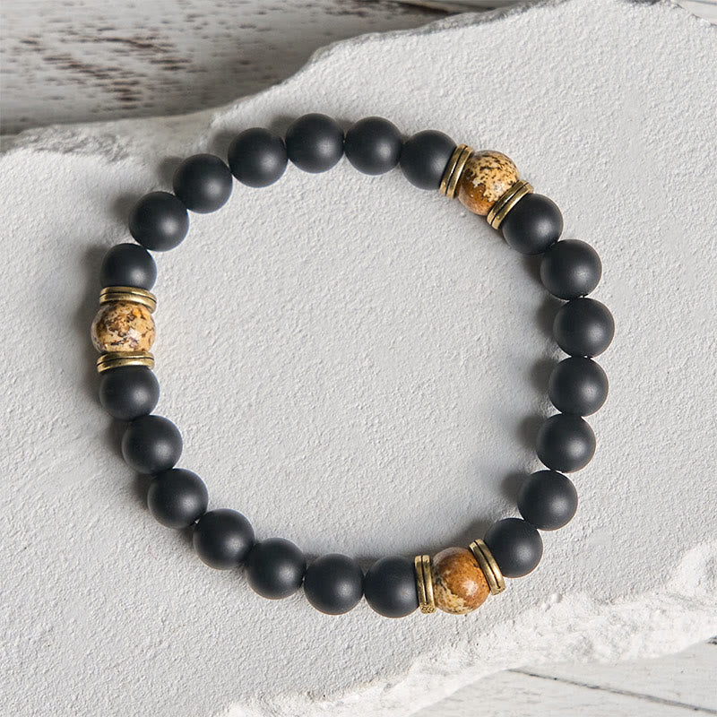 Bracelet porte - bonheur en onyx noir givré naturel et jaspe - image 1