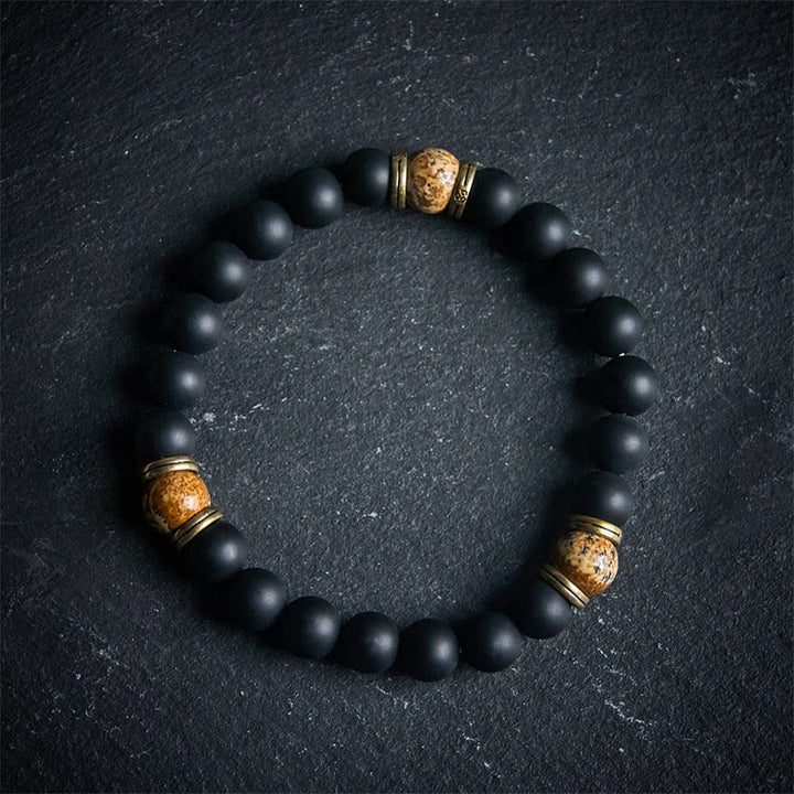 Bracelet porte - bonheur en onyx noir givré naturel et jaspe - 17 cm - image 0