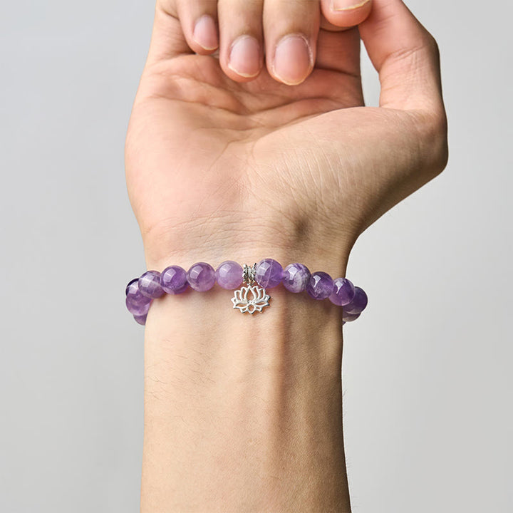 Bracelet en perles d'équilibre naturel en argent Buddha Stones 925 et améthyste avec motif lotus - image 4