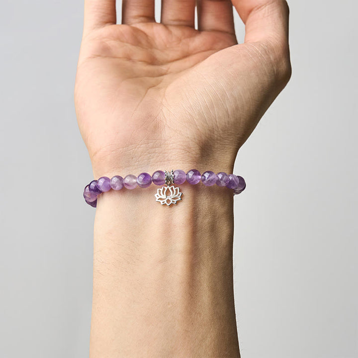 Bracelet en perles d'équilibre naturel en argent Buddha Stones 925 et améthyste avec motif lotus - image 14