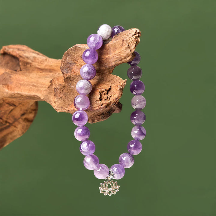 Bracelet en perles d'équilibre naturel en argent Buddha Stones 925 et améthyste avec motif lotus - image 3