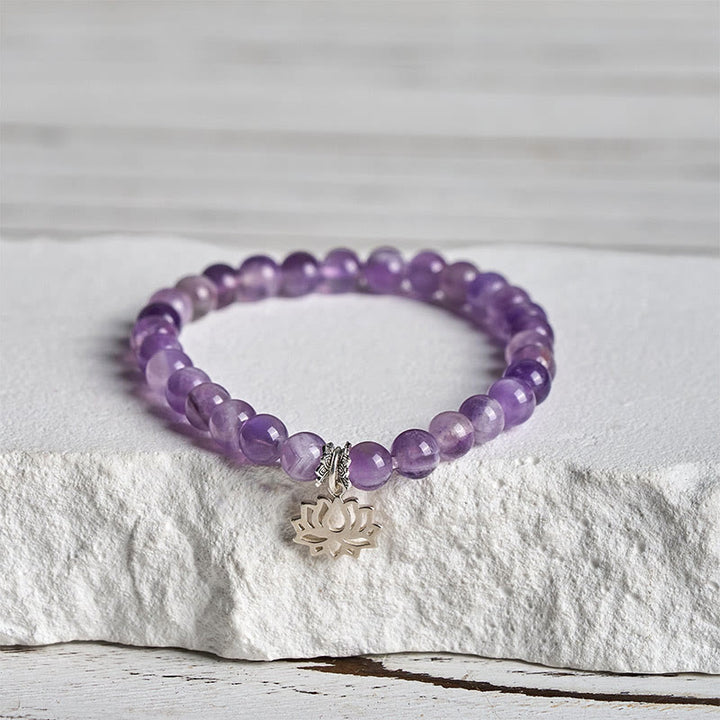 Bracelet en perles d'équilibre naturel en argent Buddha Stones 925 et améthyste avec motif lotus - 20 cm - 6 mm - image 10