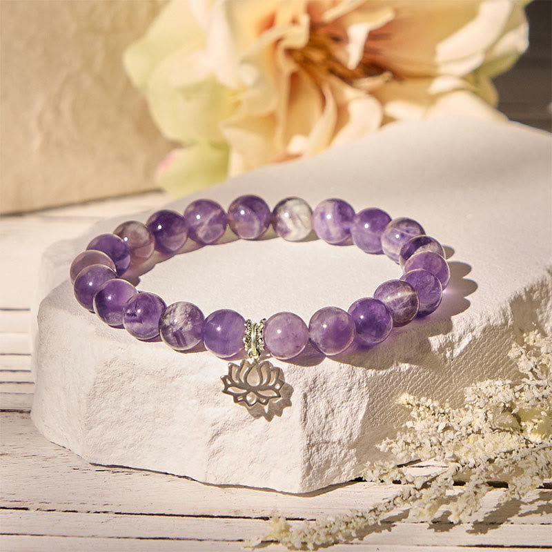 Bracelet en perles d'équilibre naturel en argent Buddha Stones 925 et améthyste avec motif lotus - image 1