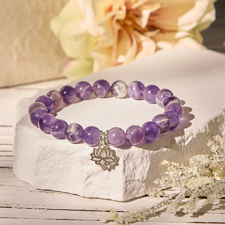 Bracelet en perles d'équilibre naturel en argent Buddha Stones 925 et améthyste avec motif lotus - image 1