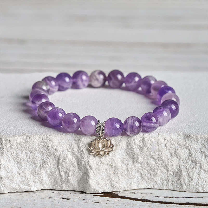 Bracelet en perles d'équilibre naturel en argent Buddha Stones 925 et améthyste avec motif lotus - 20 cm - 8 mm - image 0