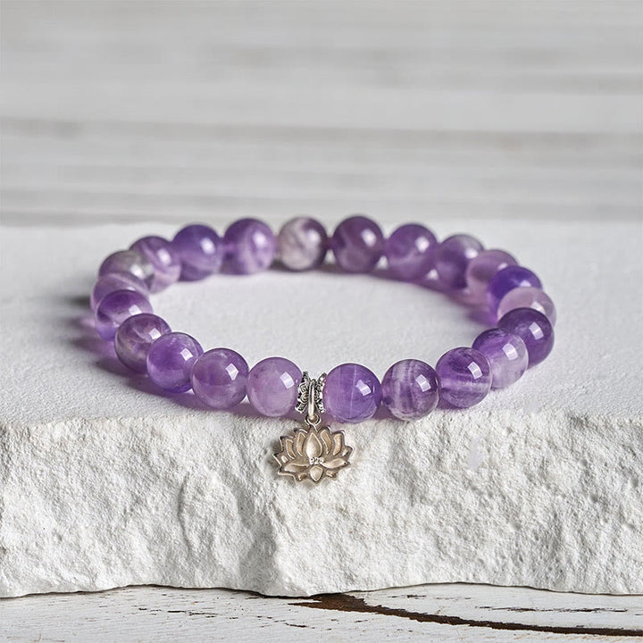 Bracelet en perles d'équilibre naturel en argent Buddha Stones 925 et améthyste avec motif lotus - 20 cm - 8 mm - image 0