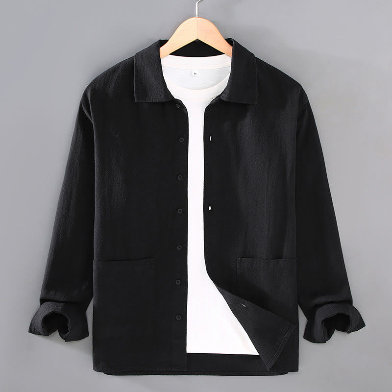 Chemise à manches longues et boutons en coton ramie pour homme, couleur unie, motif Buddha Stones, avec poches - Noir - US/UK/AU42，EU52 (3XL) - image 9