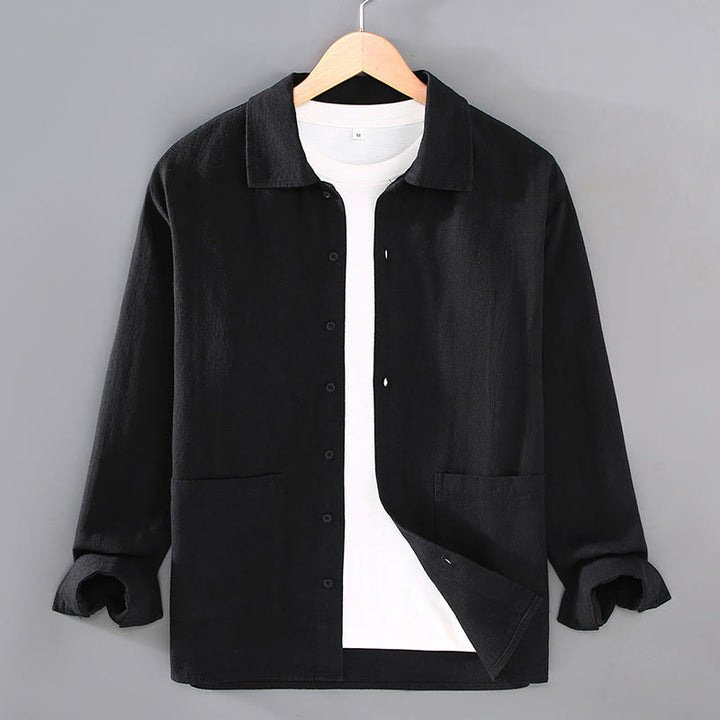 Chemise à manches longues et boutons en coton ramie pour homme, couleur unie, motif Buddha Stones, avec poches - Noir - US/UK/AU42，EU52 (3XL) - image 9