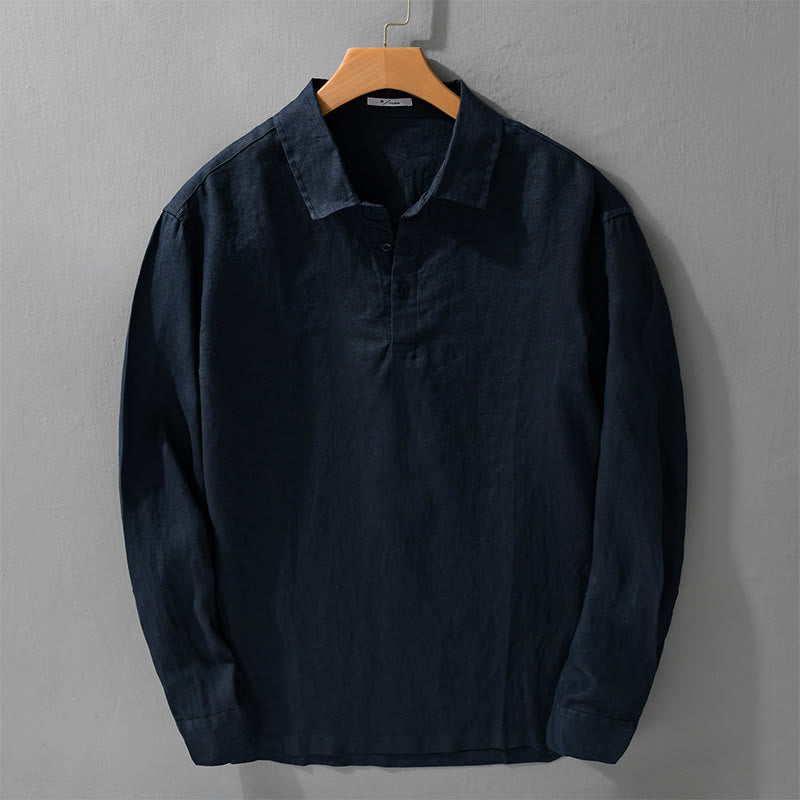 Chemise homme en pur lin à manches longues et revers boutonnés de couleur unie Buddha Stones - Bleu nuit - US/UK/AU42，EU52 (3XL) - image 0