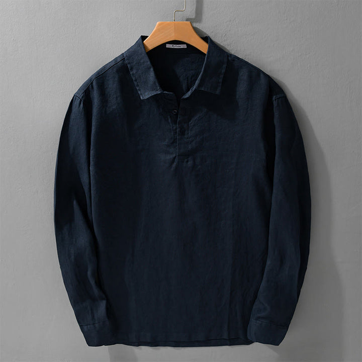 Chemise homme en pur lin à manches longues et revers boutonnés de couleur unie Buddha Stones - Bleu nuit - US/UK/AU42，EU52 (3XL) - image 0