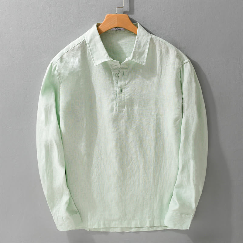 Chemise homme en pur lin à manches longues et revers boutonnés de couleur unie Buddha Stones - miellat - US/UK/AU42，EU52 (3XL) - image 5