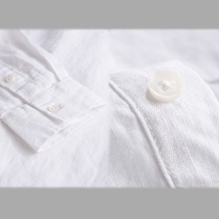Chemise homme en pur lin à manches longues et revers boutonnés de couleur unie Buddha Stones - image 13