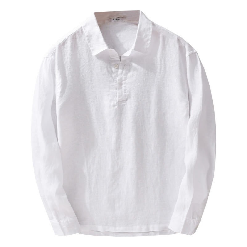 Chemise homme en pur lin à manches longues et revers boutonnés de couleur unie Buddha Stones - image 14