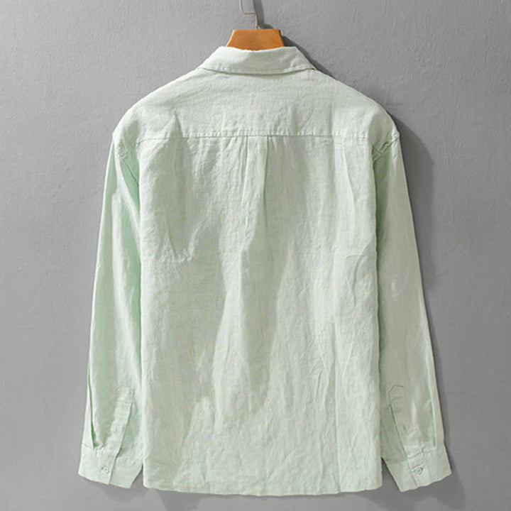 Chemise homme en pur lin à manches longues et revers boutonnés de couleur unie Buddha Stones - image 6