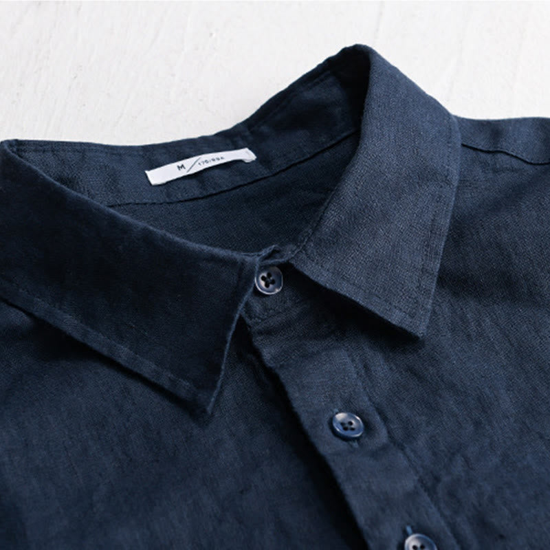 Chemise homme en pur lin à manches longues et revers boutonnés de couleur unie Buddha Stones - image 1