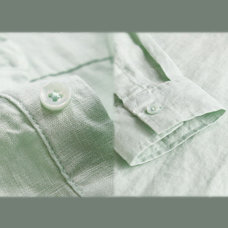 Chemise homme en pur lin à manches longues et revers boutonnés de couleur unie Buddha Stones - image 9