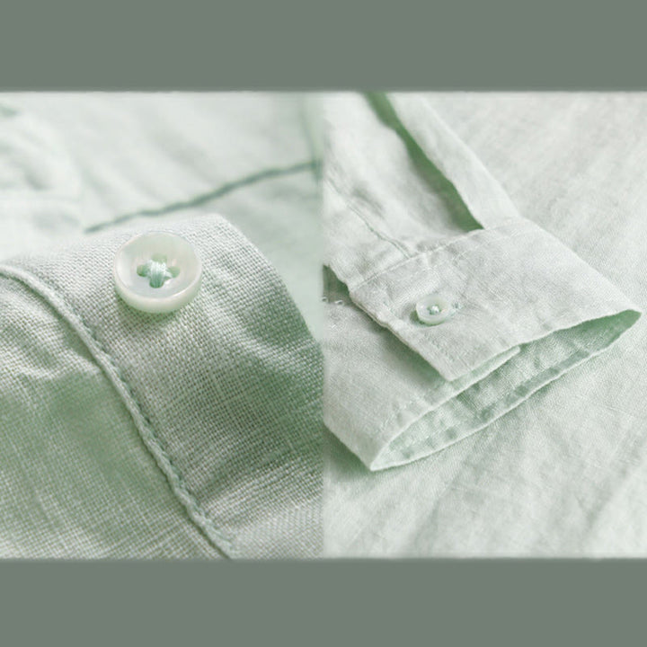 Chemise homme en pur lin à manches longues et revers boutonnés de couleur unie Buddha Stones - image 9