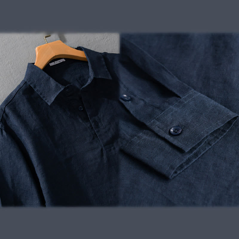Chemise homme en pur lin à manches longues et revers boutonnés de couleur unie Buddha Stones - image 3