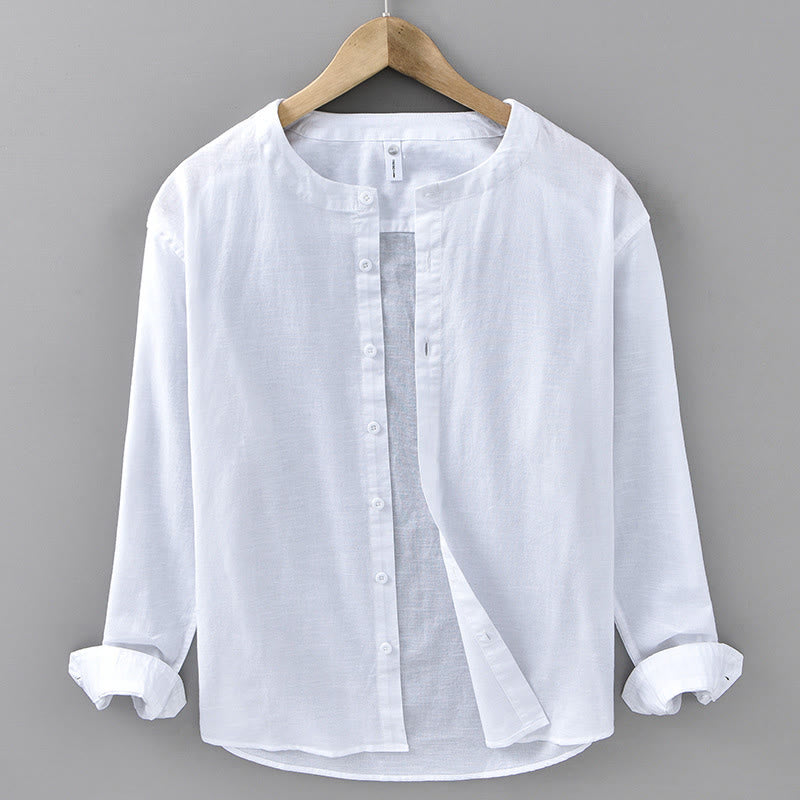 Chemise à manches longues en coton et lin pour homme, couleur unie, col montant, style printemps, Buddha Stones - Blanc - US/UK/AU42，EU52 (3XL) - image 4