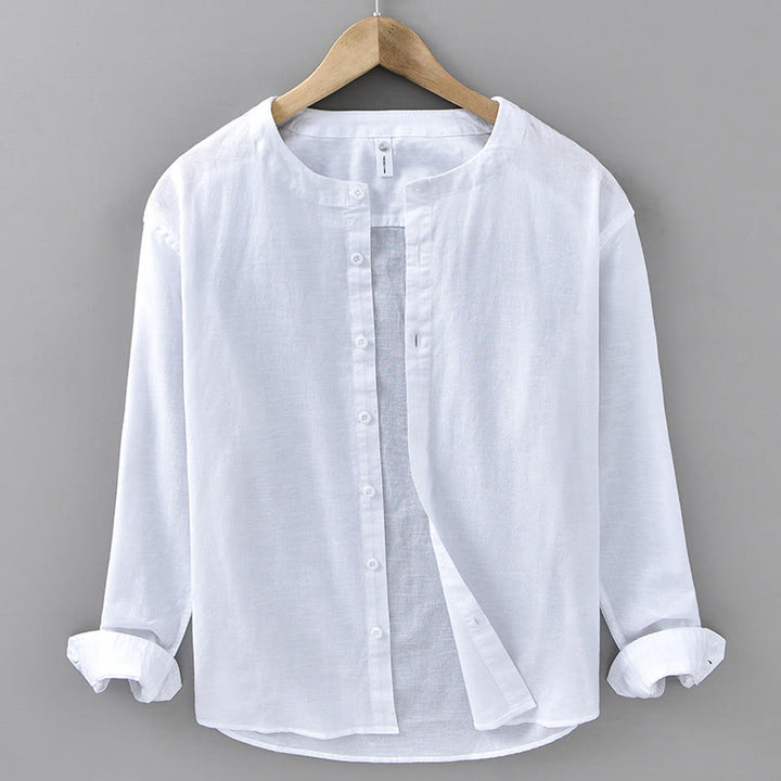 Chemise à manches longues en coton et lin pour homme, couleur unie, col montant, style printemps, Buddha Stones - Blanc - US/UK/AU42，EU52 (3XL) - image 4