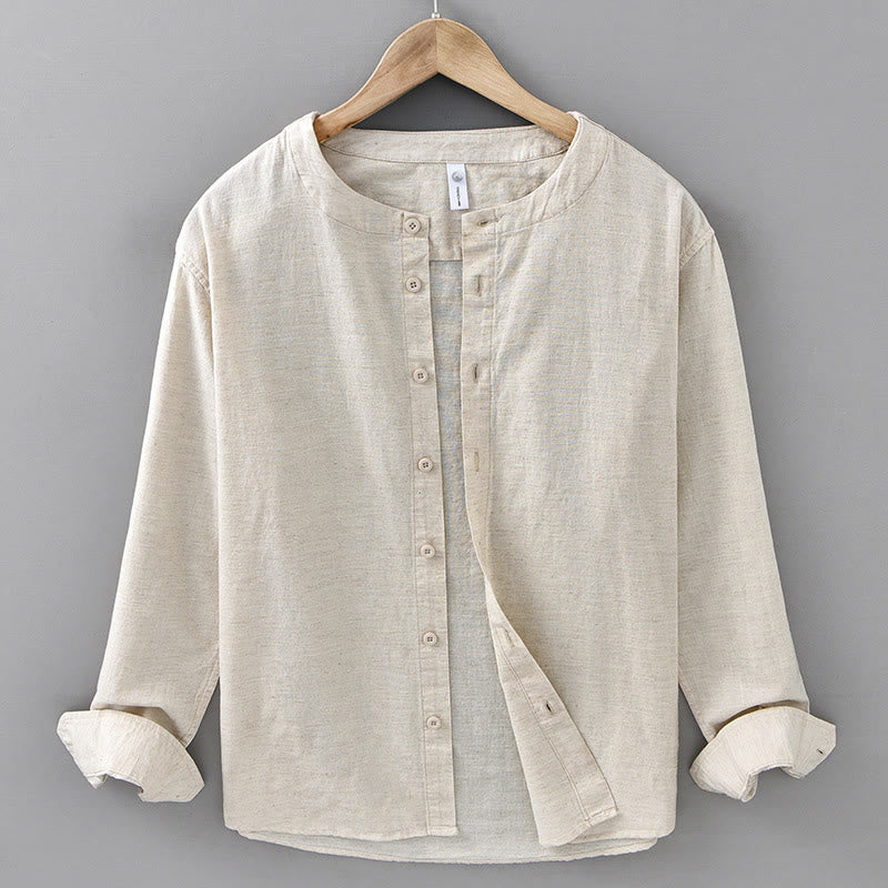 Chemise à manches longues en coton et lin pour homme, couleur unie, col montant, style printemps, Buddha Stones - Lin - US/UK/AU42，EU52 (3XL) - image 8