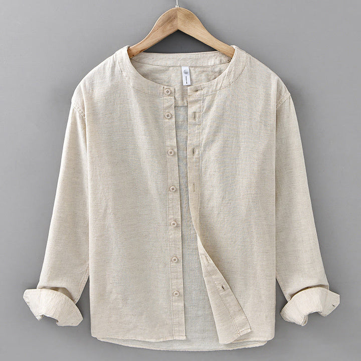 Chemise à manches longues en coton et lin pour homme, couleur unie, col montant, style printemps, Buddha Stones - Lin - US/UK/AU42，EU52 (3XL) - image 8