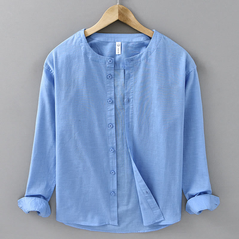 Chemise à manches longues en coton et lin pour homme, couleur unie, col montant, style printemps, Buddha Stones - DodgerBlue - US/UK/AU42，EU52 (3XL) - image 17
