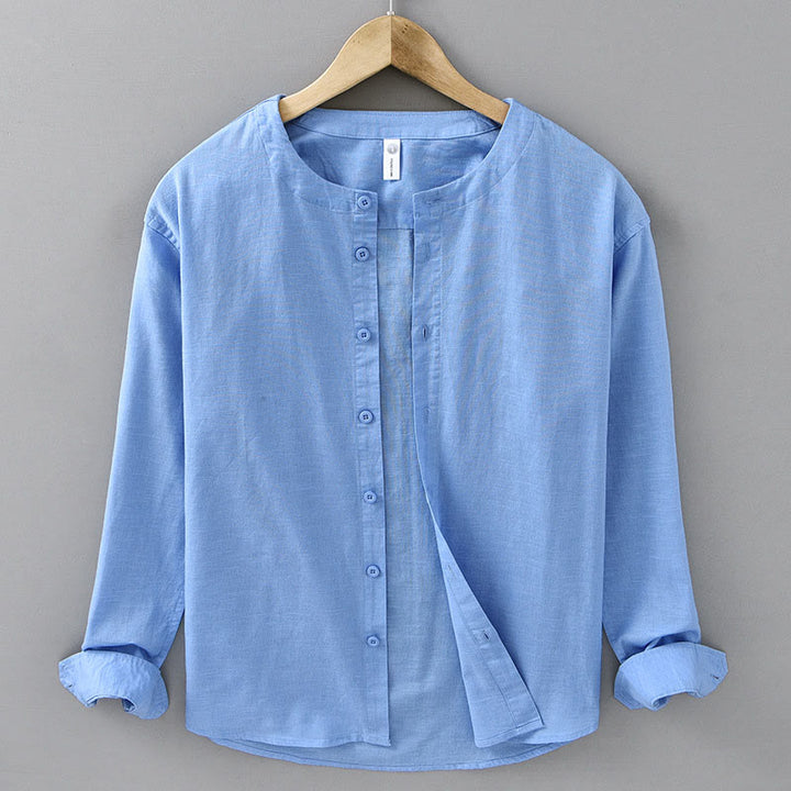 Chemise à manches longues en coton et lin pour homme, couleur unie, col montant, style printemps, Buddha Stones - DodgerBlue - US/UK/AU42，EU52 (3XL) - image 17