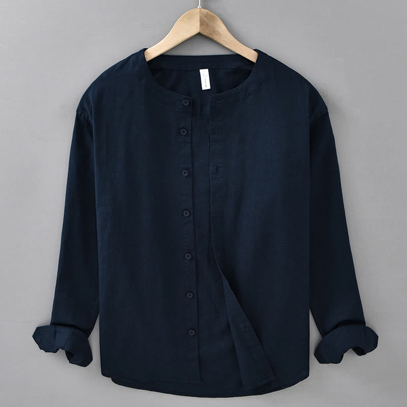 Chemise à manches longues en coton et lin pour homme, couleur unie, col montant, style printemps, Buddha Stones - Bleu nuit - US/UK/AU42，EU52 (3XL) - image 0