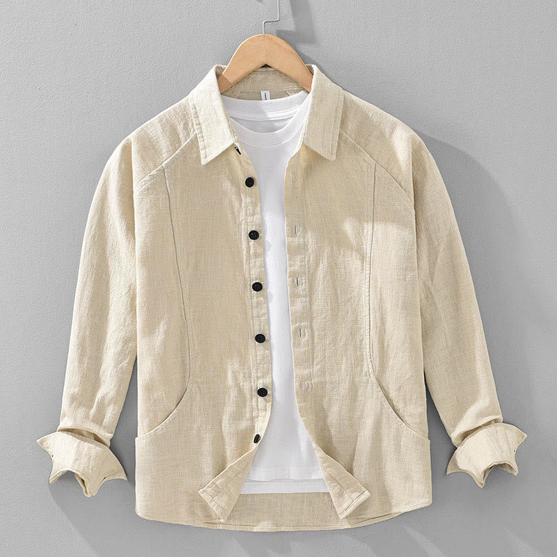 Chemise homme Buddha Stones en coton ramie uni à manches longues et revers avec poches - Verge d'or claireJaune - US/UK/AU42，EU52 (3XL) - image 0