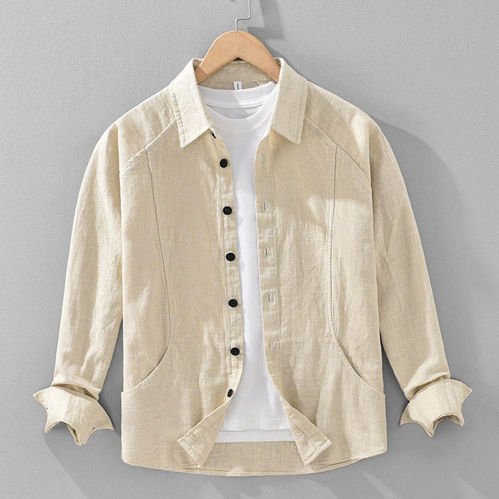 Chemise homme Buddha Stones en coton ramie uni à manches longues et revers avec poches - Verge d'or claireJaune - US/UK/AU42，EU52 (3XL) - image 0