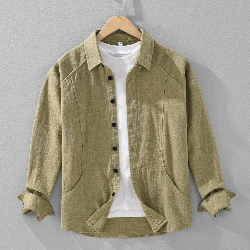 Chemise homme Buddha Stones en coton ramie uni à manches longues et revers avec poches - Kaki foncé - US/UK/AU42，EU52 (3XL) - image 15